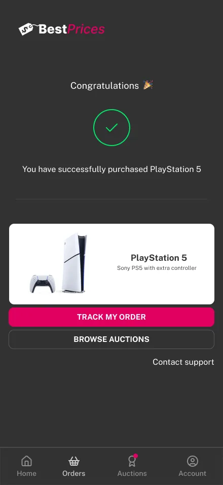 BestPrices mobile — purchase success screen