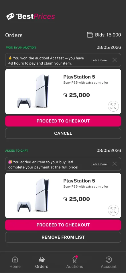 BestPrices mobile — orders won and added to cart
