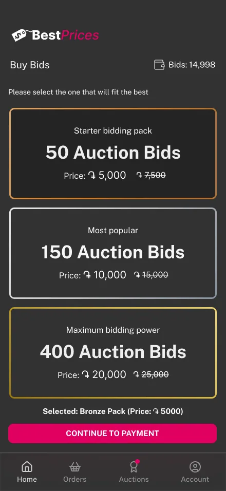 BestPrices mobile — bronze bid pack selected