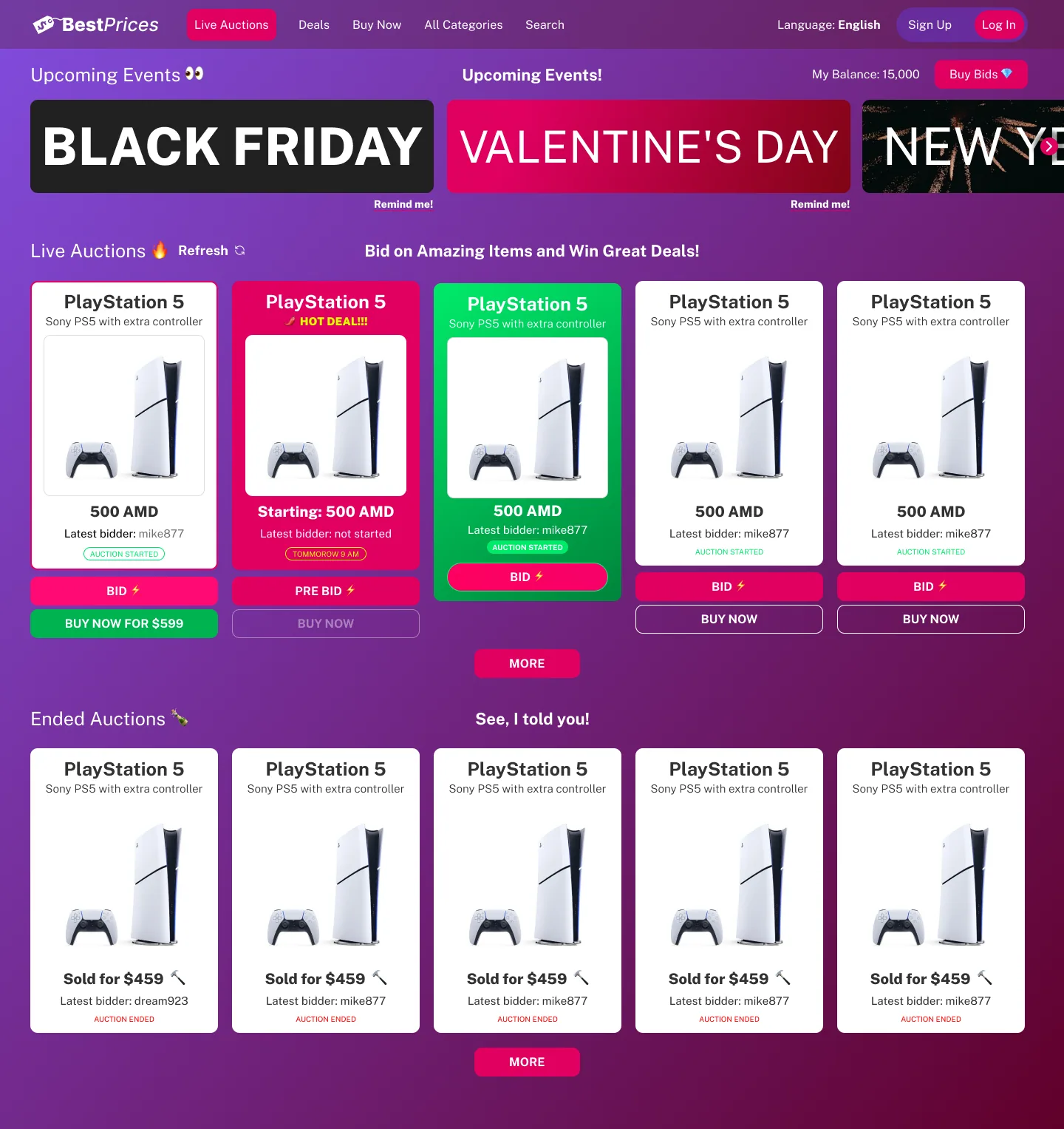 BestPrices web home page — live auctions with promo banners