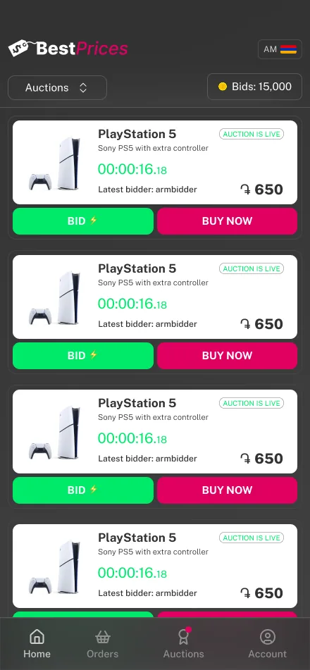 BestPrices mobile — live auctions list