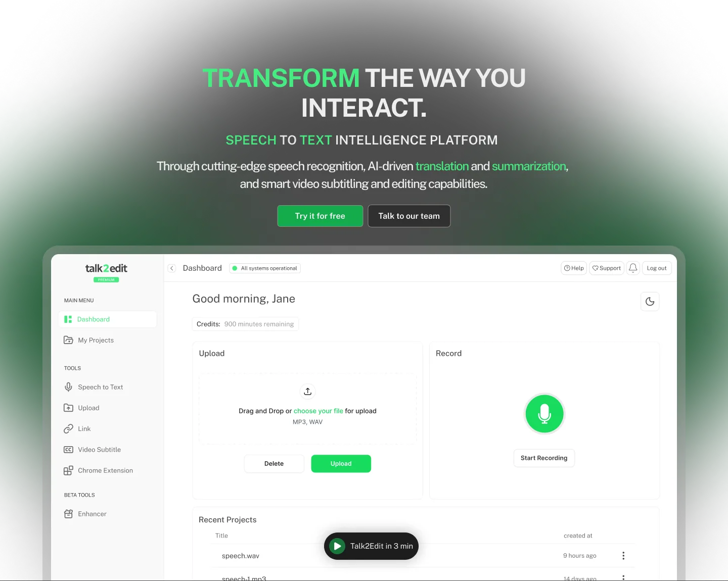 Talk2Edit landing — hero with dashboard preview