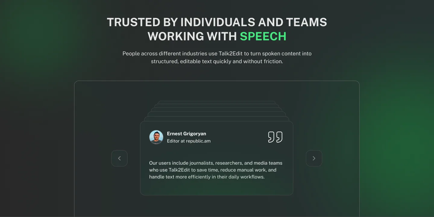 Talk2Edit landing — testimonials